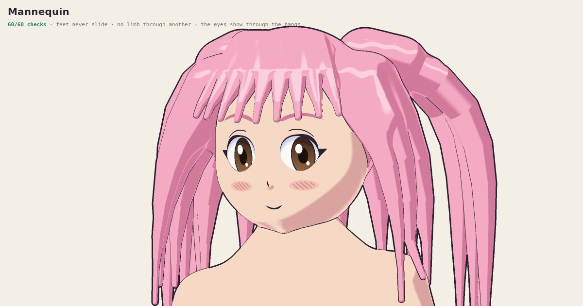 A close-up of an anime character with pink twin tails and a blunt fringe, brown eyes and a blush, smiling, in cel tone and ink.