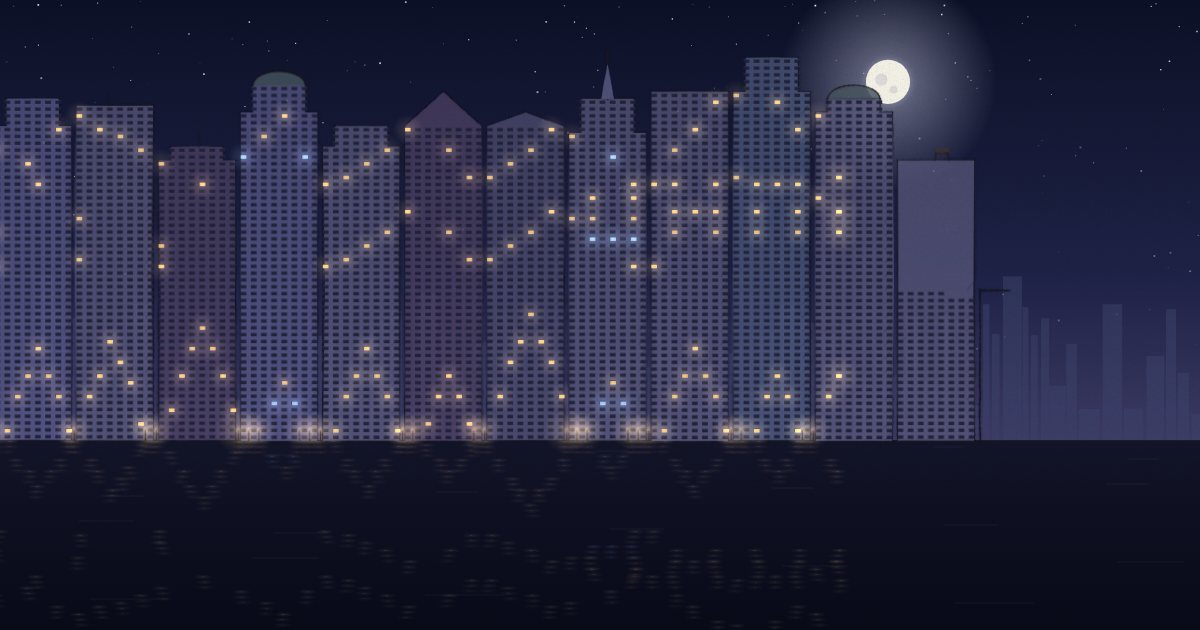 A pen-and-ink city at night above a river, its windows lit in scattered warm and blue points under a full moon.