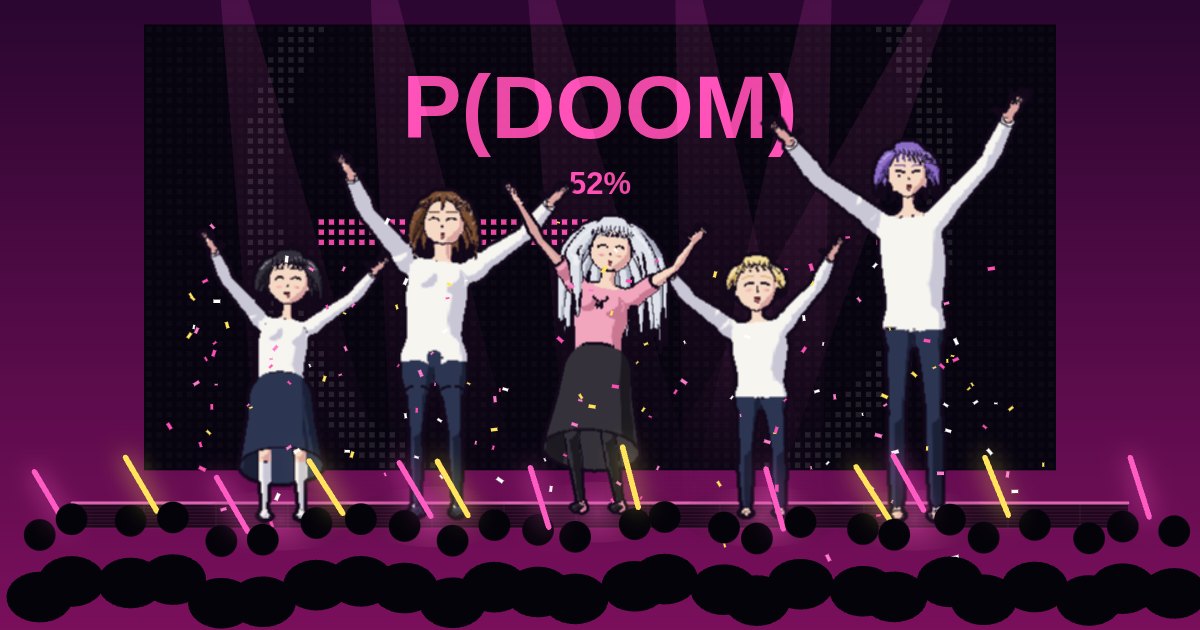 A concert stage in magenta light: an idol with silver twin tails in a pink crop top and four backing dancers in white jackets, arms raised, confetti falling, glowsticks in the crowd, P(DOOM) 52% on the LED wall behind them.