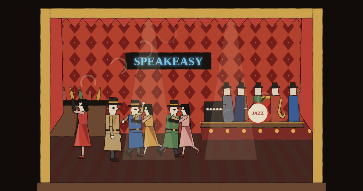 A cut-paper theatre stage: a speakeasy with red diamond wallpaper and a blue neon sign, two couples dancing the Charleston, a man in a trench coat and a woman in red at the bar, and a five-piece band on a riser.
